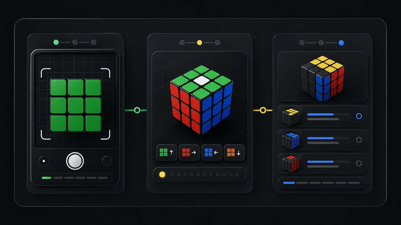 Illustration showing Cubzor scanning a cube, practicing moves, and following learning steps