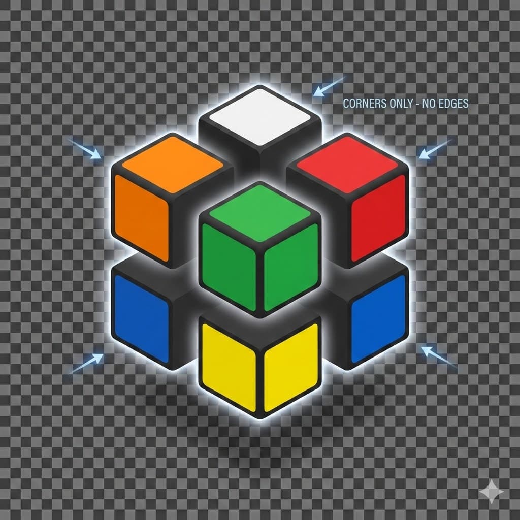 2x2 Rubik's Cube pocket cube structure - 8 corner pieces only, no edge pieces compared to 3x3
