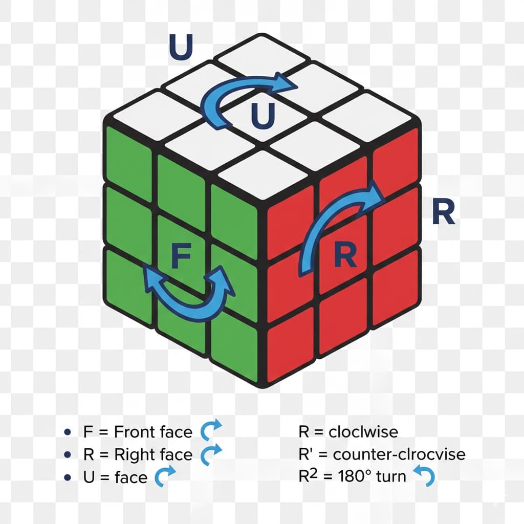 Diagram notacji kostki 2x2 Pocket Cube - ruchy ścian F, R i U oraz symbole obrotu zgodnie, przeciwnie i o 180 stopni dla początkujących
