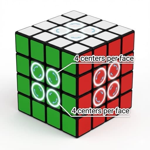 4x4 Rubik's Cube movable centers - each face has 4 center pieces that can be rearranged