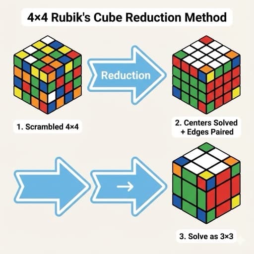 4x4 reduction method diagram - transforming 4x4 Rubik's Cube into 3x3 solvable state