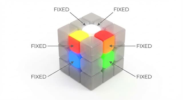 Rubik's Cube diagram showing 6 fixed center pieces highlighted in white, yellow, red, orange, blue, and green colors