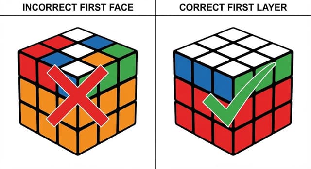 Comparison diagram showing incorrect face-by-face solving versus correct layer-by-layer solving method