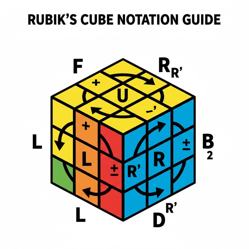 पूरे 6 faces (F, R, U, L, D, B) और clockwise, counterclockwise तथा 180-degree turns दिखाने वाली Rubik’s Cube notation guide