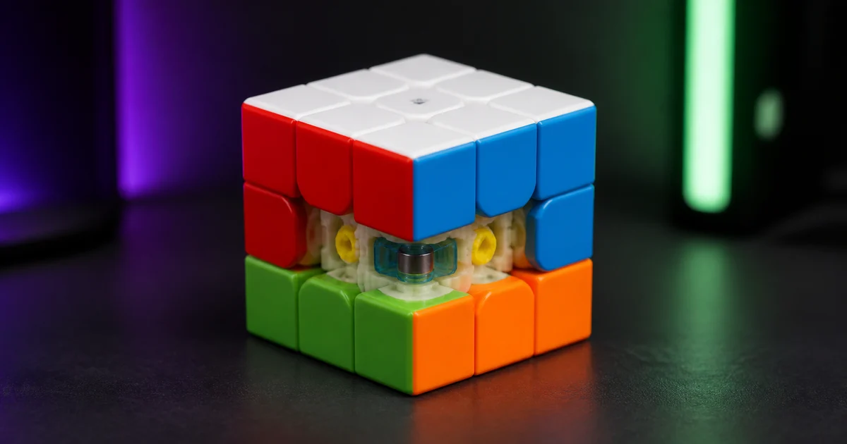 Een merkloze stickerloze 3x3-kubus met zichtbaar magnetisch kernmechanisme op een donker studio-oppervlak met paarse en groene accentverlichting.