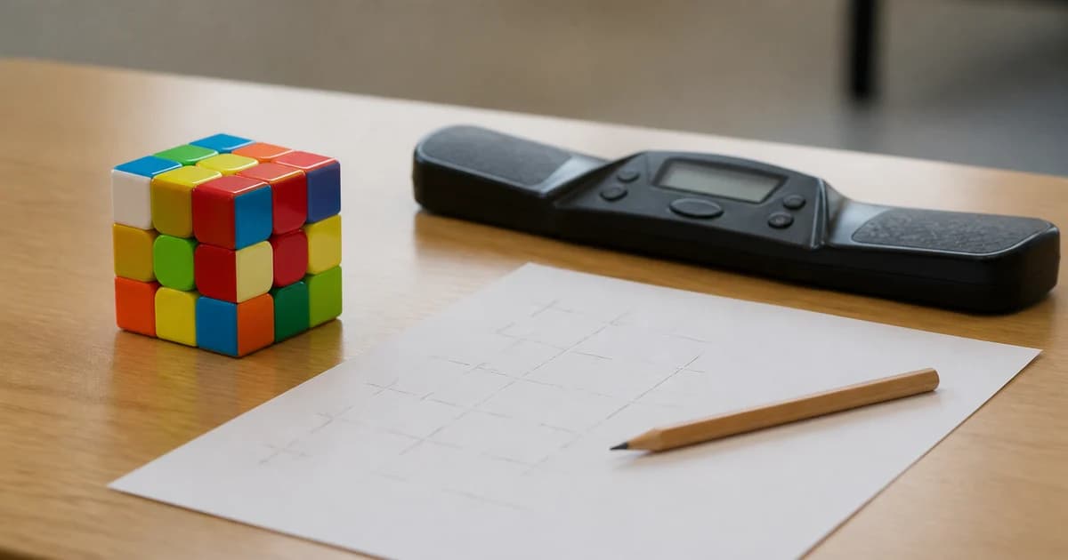 A 3x3 cube, pencil, solution sheet, and timer on a Fewest Moves competition desk in a quiet indoor venue.