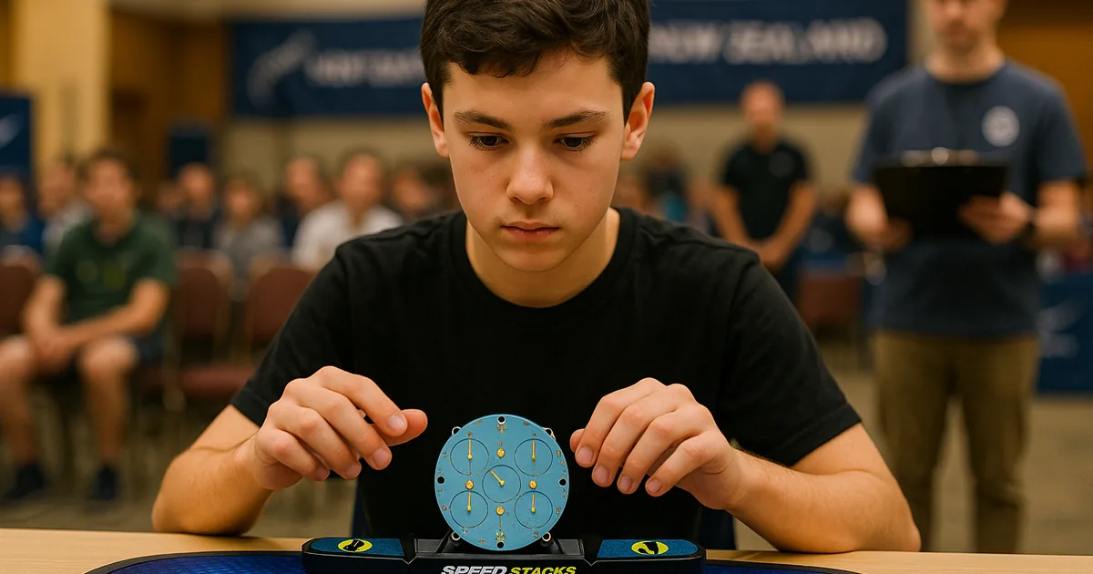 Lachlan Gibson solving a Rubik’s Clock on a Stackmat timer at a New Zealand competition with a WCA judge in the background.