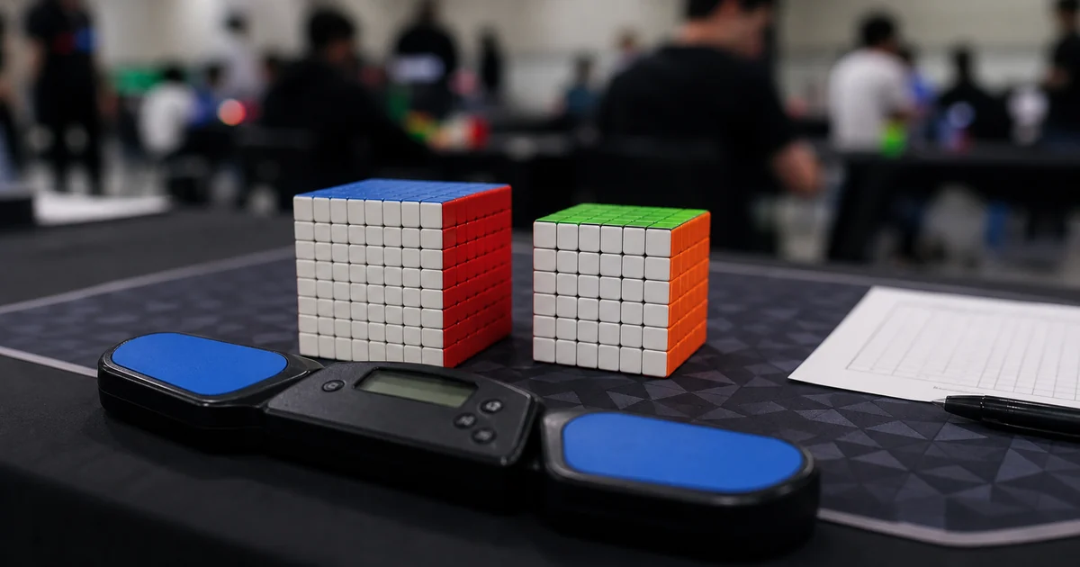 Een 7x7-kubus op een speedcubingmat naast een Stackmat-timer en scoreformulier, met een onscherpe wedstrijdlocatie op de achtergrond.