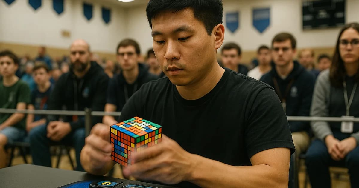 Max Park solving a large cube at a competition table, hands in motion over a timer as spectators and judges look on.