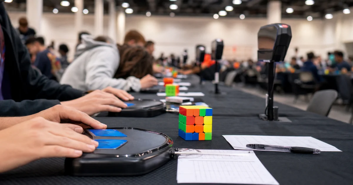 Rows of speedcubing stations on long tables inside a convention hall, with timers and scrambled cubes ready for competitors.
