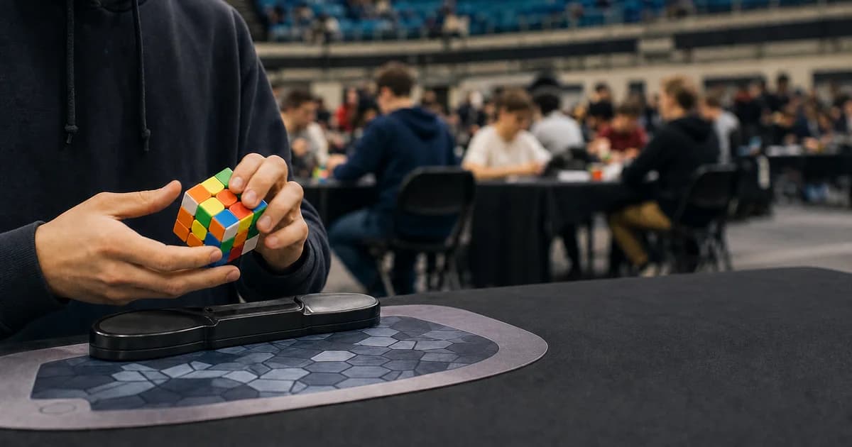 Een speedcuber lost een stickerloze 3x3-kubus op boven een wedstrijdtimer in een drukke indoorarena.
