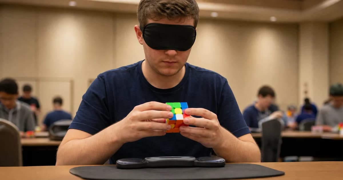 A speedcuber wearing a plain black blindfold solves an unbranded stickerless 3x3 cube at a competition table with a timer in a softly blurred hall.