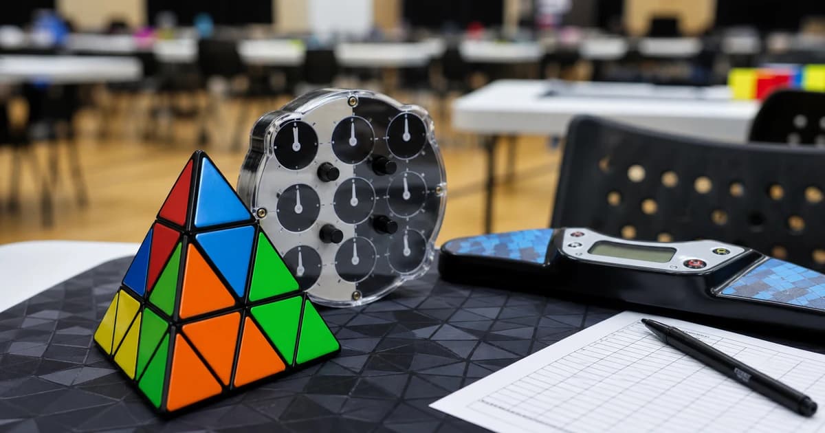 A Face Turning Octahedron-style twisty puzzle, a Clock-style puzzle, a timer, and a score sheet on a speedcubing competition table.