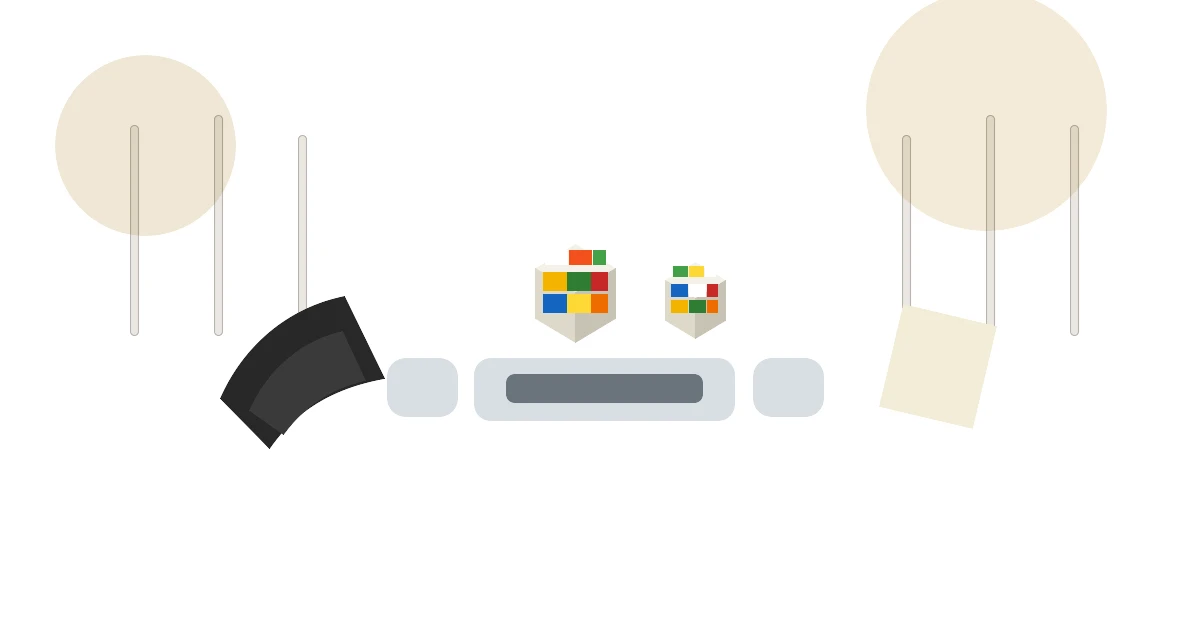A quiet speedcubing setup with a blindfold, two scrambled cubes, scorecards, and a timer on a competition table in a calm hall.