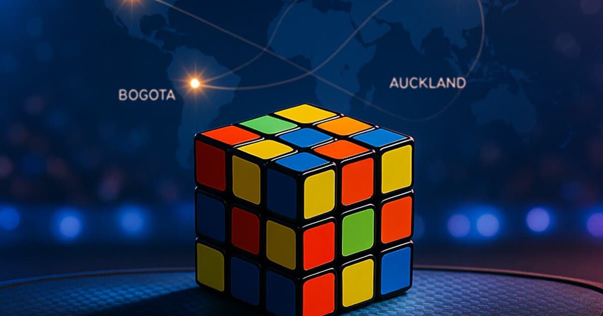 경기용 타이머 위 3x3 큐브와 Cape Town, Shenyang, Auckland, Bogotá가 표시된 세계 지도