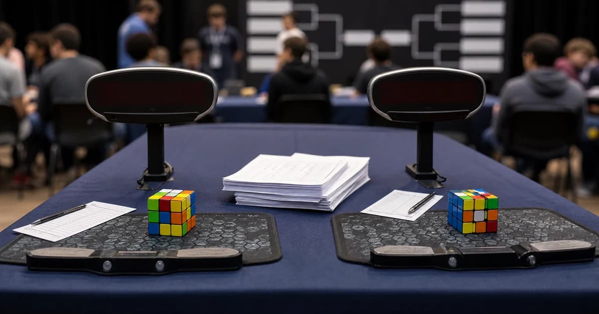 두 쪽으로 나뉜 스피드큐빙 테이블에 섞인 3x3 큐브, 타이머, 기록지, 스크램블 종이가 놓여 있다