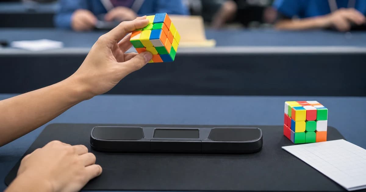 A speedcuber holds an unbranded stickerless 3x3 cube above a blank competition timer, with another cube and scorecard nearby.