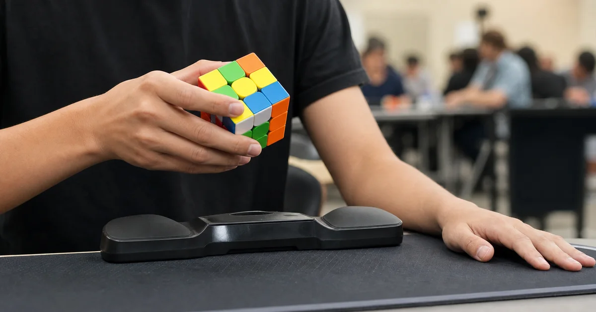 Een speedcuber draait met één hand aan een stickerloze 3x3-kubus, terwijl de andere hand naast een merkloze wedstrijdtimer rust.