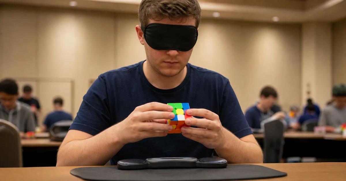 A speedcuber wearing a plain black blindfold solves an unbranded stickerless 3x3 cube at a competition table with a timer in a softly blurred hall.