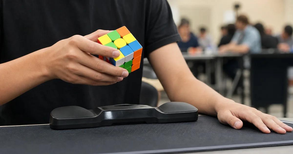 A speedcuber turning a stickerless 3x3 cube with one hand while the other rests beside an unbranded competition timer.
